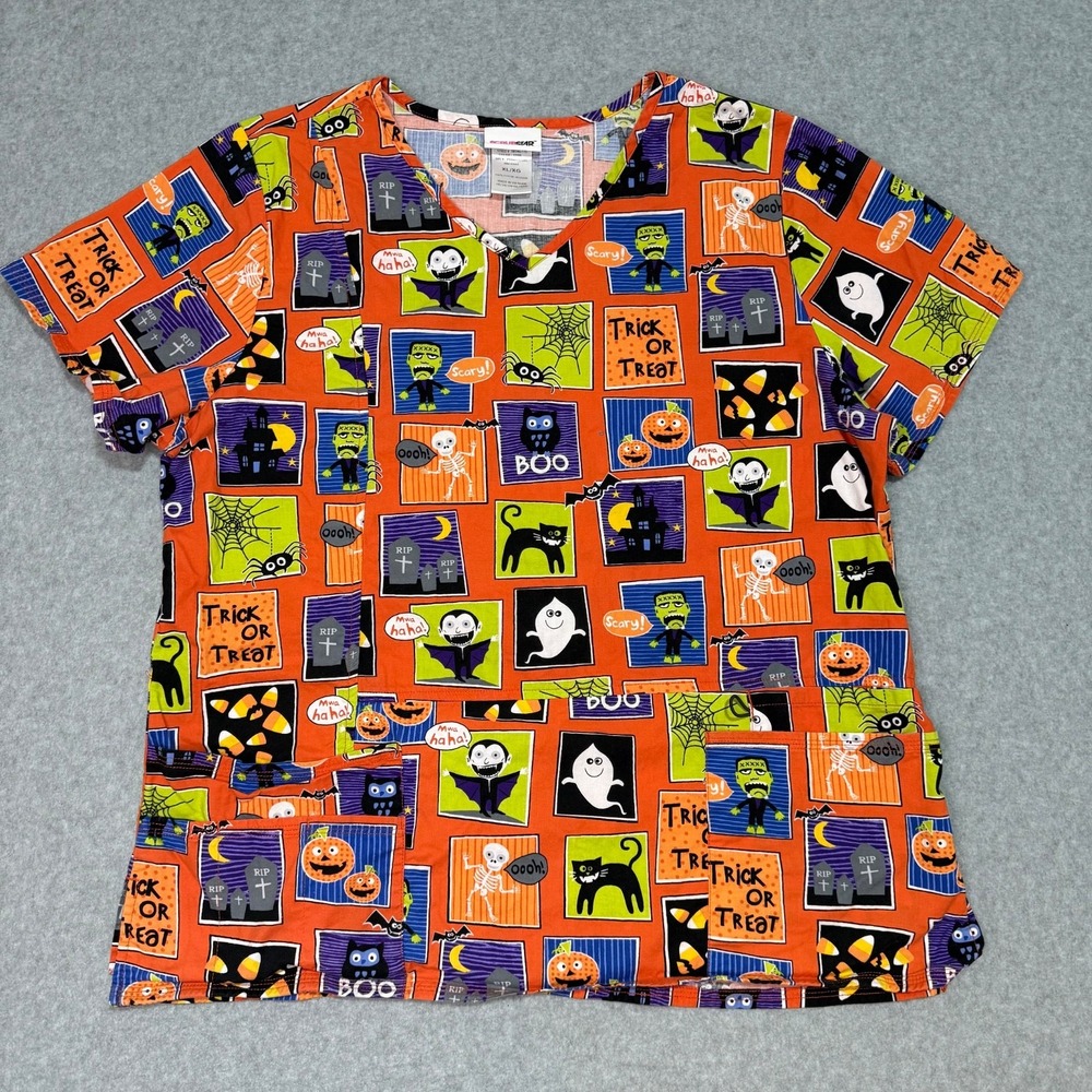 Scrubstar Womens Halloween Scrub Top Orange XL Pockets Cats Ghost Trick or Treat